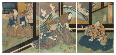 Ксилография «Кабуки», сцена с Союро Накамура (слева), Араши Хиносуке и Накамура Накасуке в пьесе «Канадэхон Чусингура» (три части)