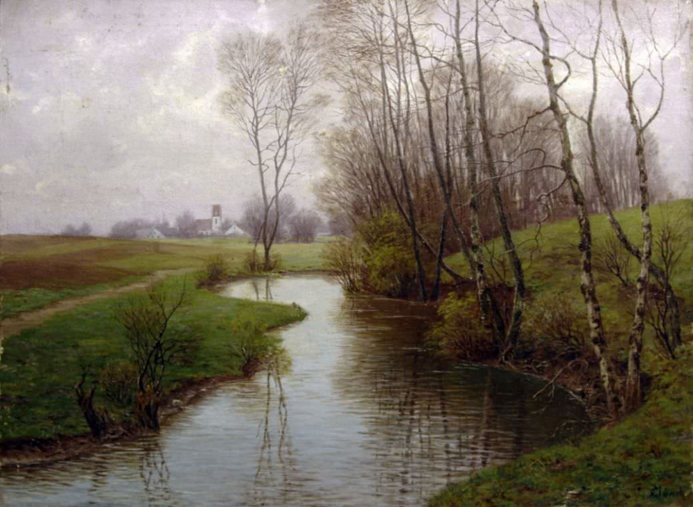 Старинная картина «Весенний пейзаж с рекой»