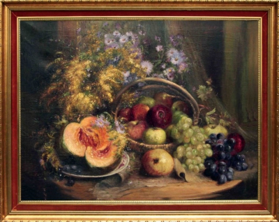 Старинный натюрморт с дыней, яблоками и виноградом
