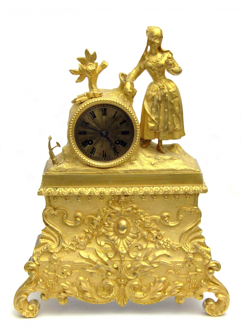 Часы бронзовые золочёные каминные «Девочка в платье»