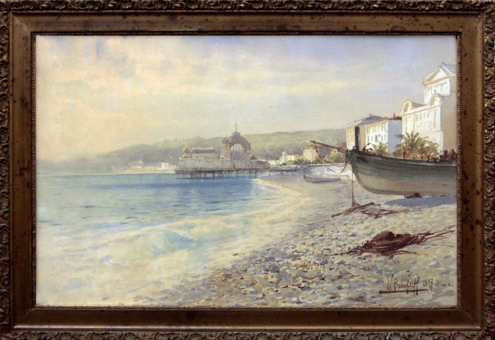 Старинная акварель «Ницца. Казино «Прогулочный пирс». 1897 год