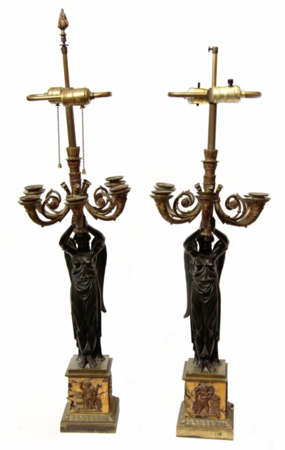 Парные канделябры на пять свечей с крылатыми патинированными фигурами «Ника» в стиле Ампир
