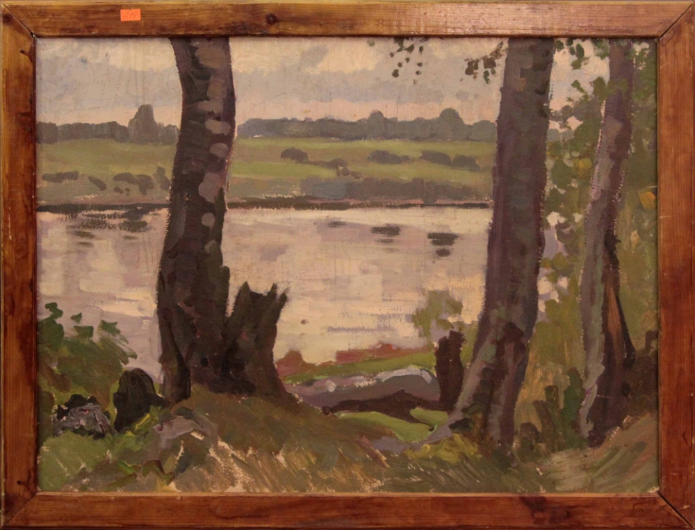 Старинная картина «Летний пейзаж с рекой»