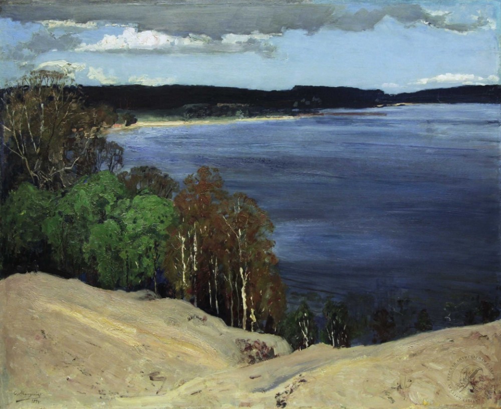 Старинный пейзаж «На берегу озера» 1894 год
