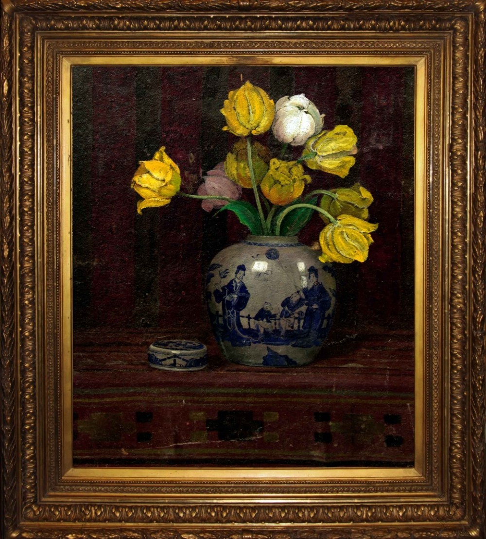 Старинный натюрморт «Тюльпаны в китайской вазе»