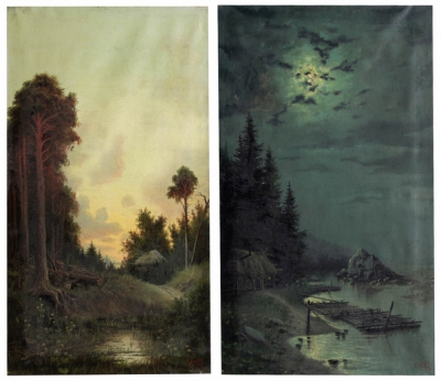 Пара картин «Летний пейзаж с избушкой» и «Ночной пейзаж с избушкой и плотом»