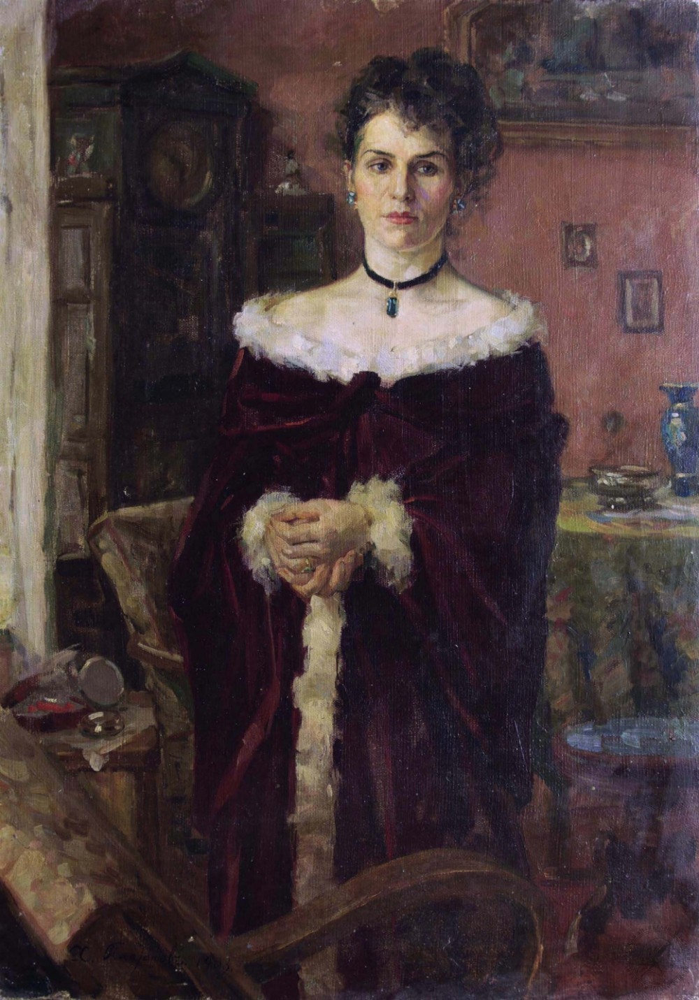 Антикварная картина «Женский портрет в интерьере»