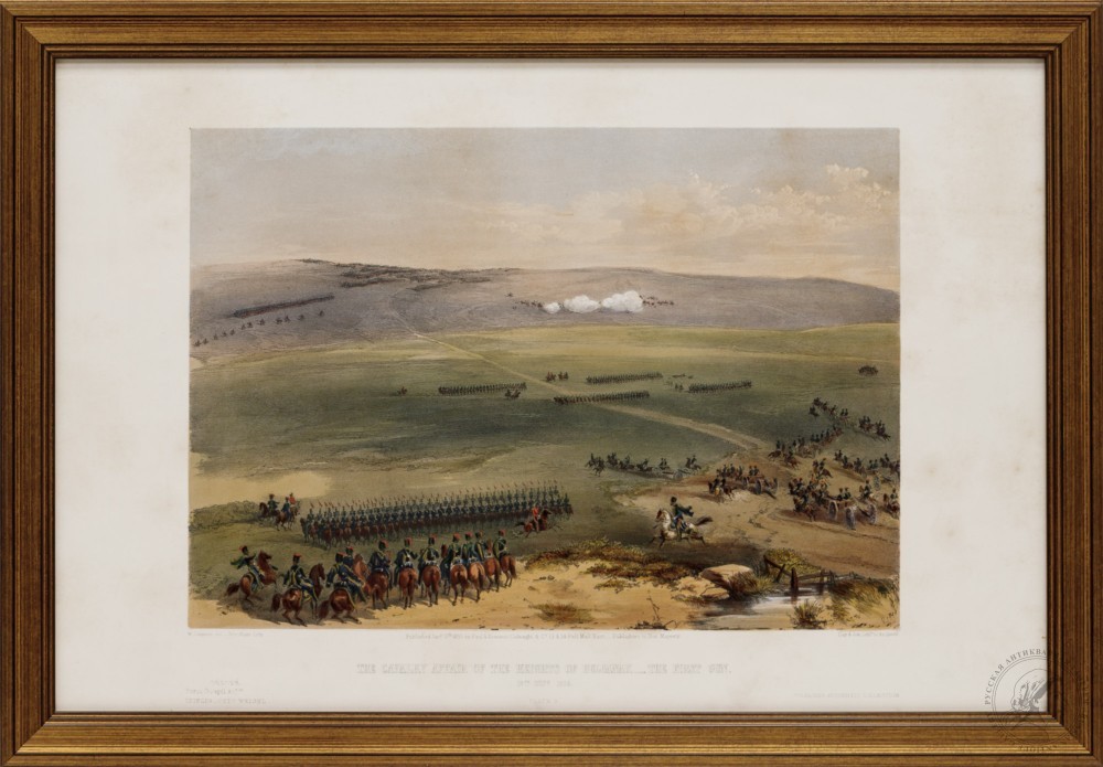 Литография «Первое боевое столкновение Крымской войны — кавалерийский бой у холмов Булганак»