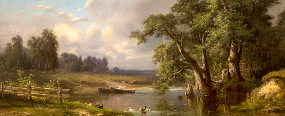 Антикварная картина с речным пейзажем и деревьями русская живопись XIX века в антикварном салоне