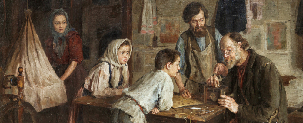 Антикварная картина жанровая сцена с персонажами в интерьере русская живопись XIX века