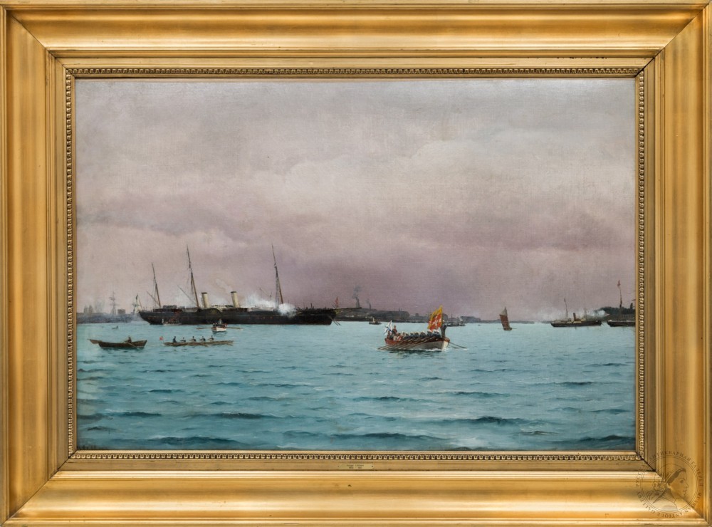 Картина «Торжественный спуск Российской императорской семьи с яхты «Держава», стоящей на рейде Копенгагена»