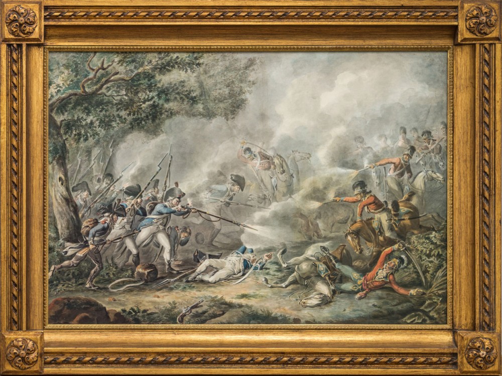 Старинная акварель «Бой английской кавалерии с французской пехотой»