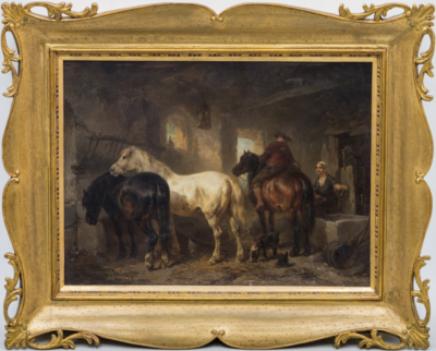 Старинная картина «В конюшне»