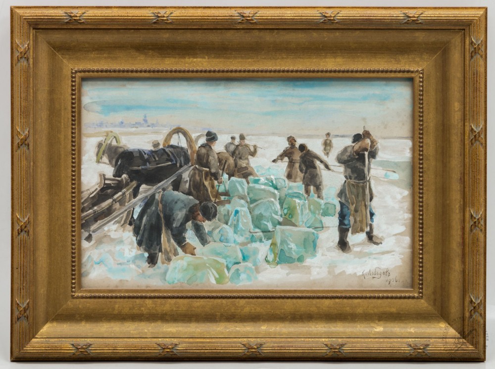 Старинная акварель «Заготовка льда на Неве» 1906 года