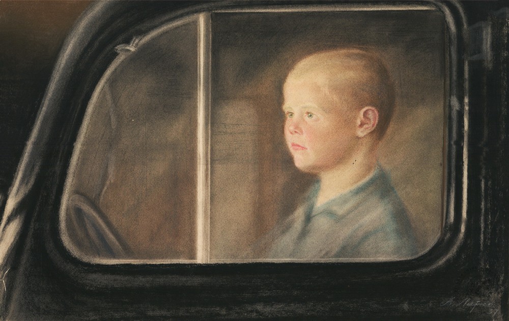 Пастель «Портрет мальчика за стеклом автомобиля»