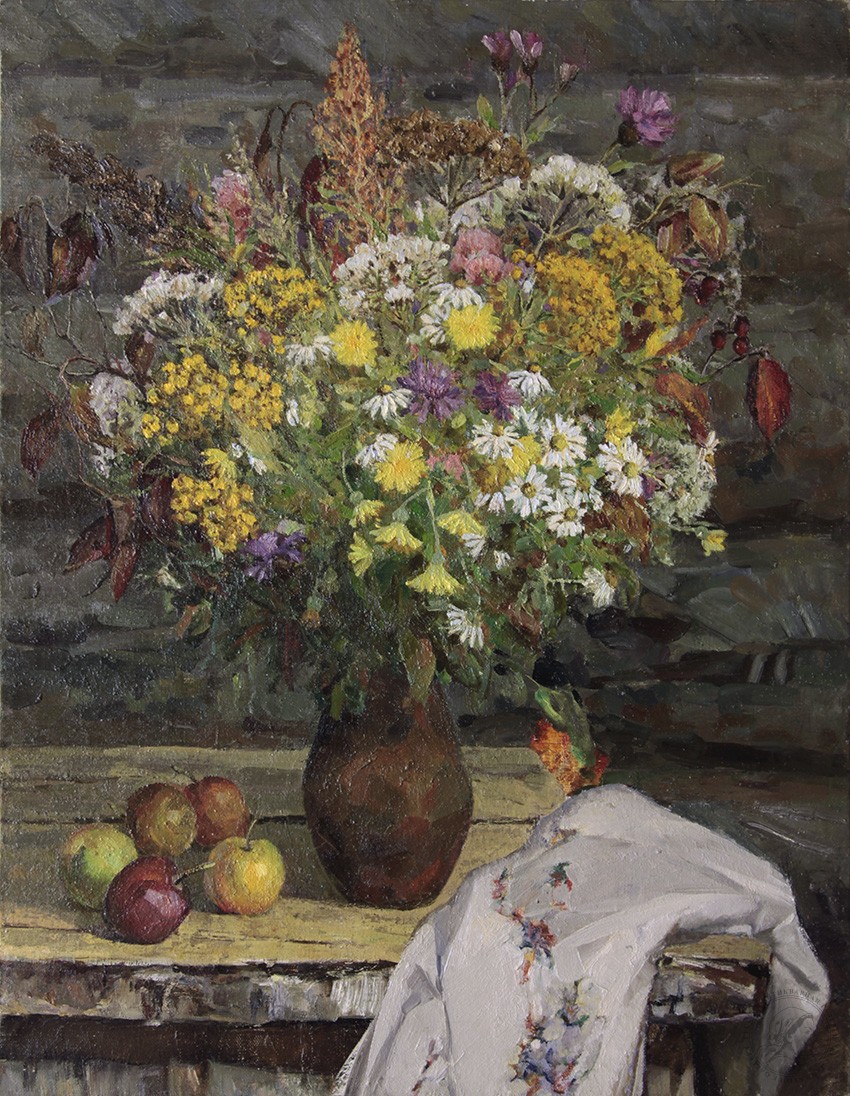Картина «Натюрморт с букетом полевых цветов и яблоками»