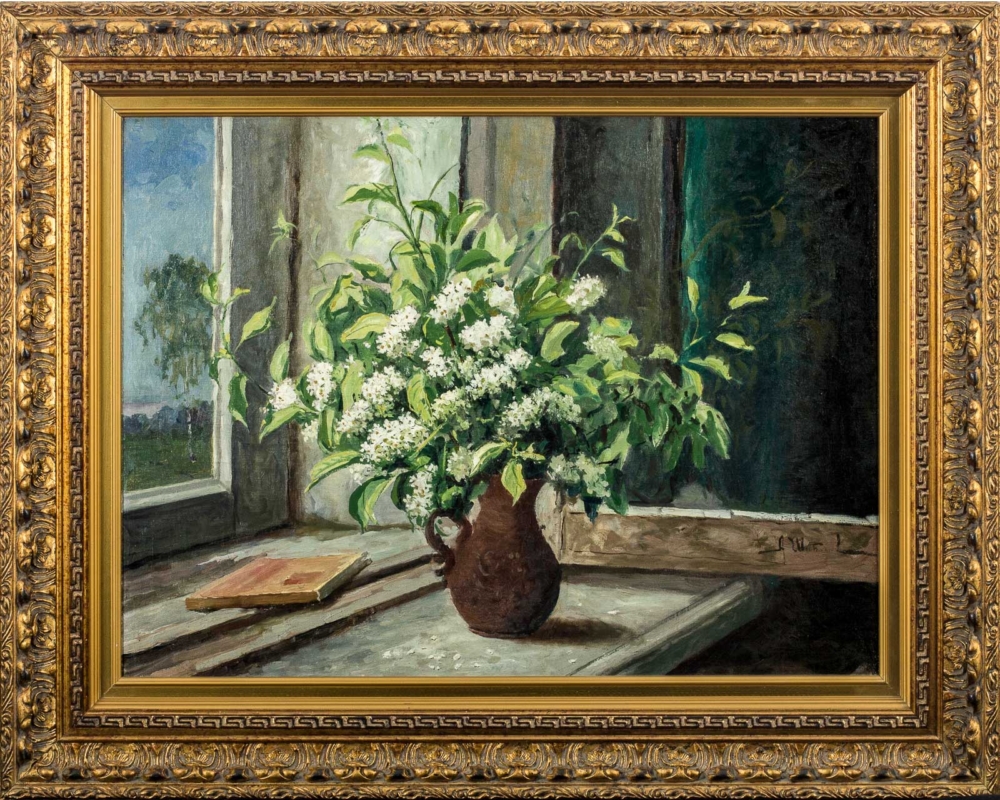 Старинная картина «Цветы на окне»