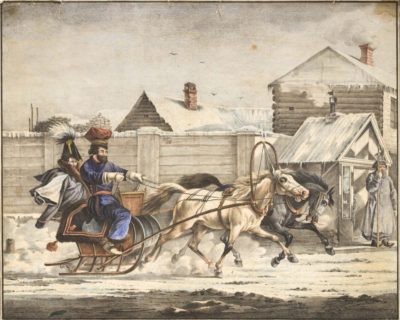 Литография «Солдат в санях»