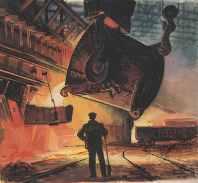 Рисунок «В сталелитейном цеху». Иллюстрация к повести С.С.Гарина «Про смелых людей и железную гору»